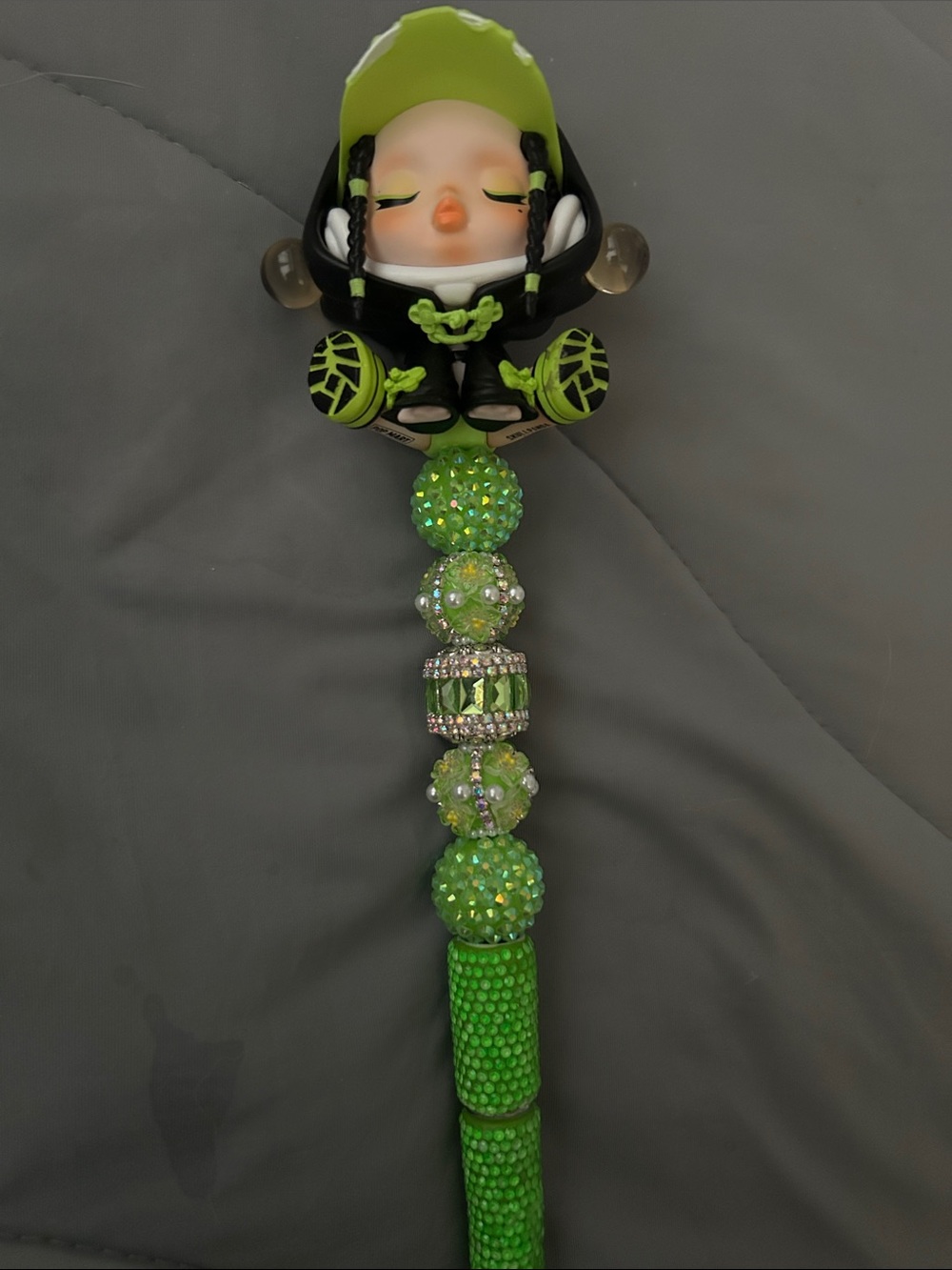 Green Beaded Pen with Cute Authentic Skull Panda Topper